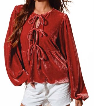 So Me Carmine Velvet Front Tie Peplum Blouse In Red