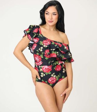 Unique Vintage Off Shoulder Nantucket Swimsuit in Black Cabbage Rose Print at Nordstrom, Size Large