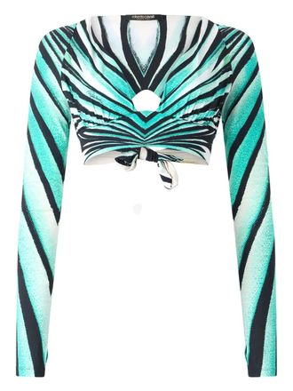 Roberto Cavalli ruched long-sleeve crop top - women - Polybutylene Terephthalate (PBT)/Elastane - S - Blue