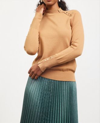 Skies Are Blue Clothing Mock Neck Button Top In Camel