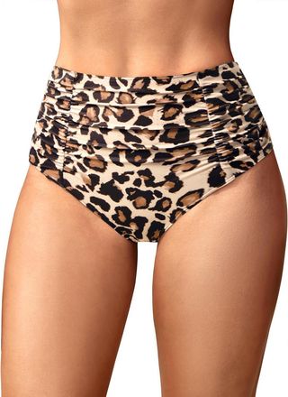 Holipick Bathing Suit Bottoms for Women - High Waisted Bikini Bottoms Ruched Tummy Control Swimsuit Bottom, Leopard, S