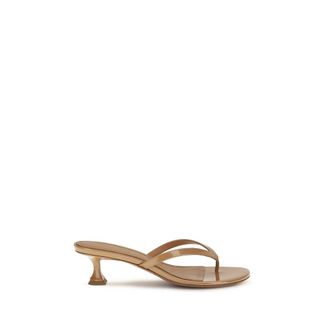 Amina Muaddi Beige Calf Leather Bos Taurus Flat Womens Sandals