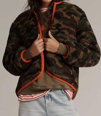 The Great. Reversible Plush Bomber Jacket In Camo & Hot Red