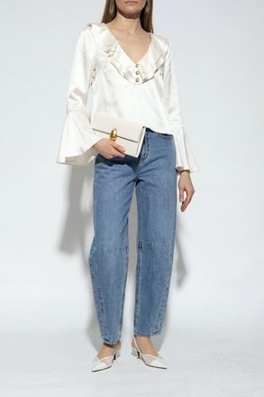 Self Portrait Satin Top With Flared Sleeves, Womens, Cream