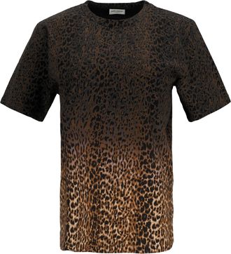 Saint Laurent Saint Laurent Ombr&eacute; T-shirt met luipaardprint in bruin katoen