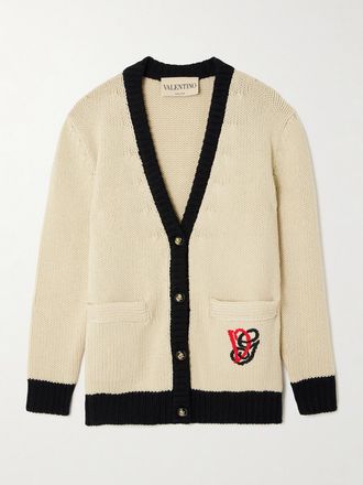 Valentino Garavani Cardigan In Lana Con Logo Ricamato - Crema