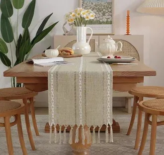 No Brand Camino De Mesa Tejido A Mano Con Borlas, Mantel Amarillo Almendra, 200x33 Cm, Mantel De Estilo Sencillo Y Moderno, Mantel Largo De Algod&oacute;n Y Lino