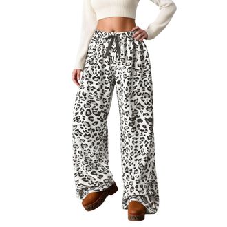 Generic Womens High Waisted Leopard Print Fuzzy Pajama Pants Loose Fit Drawstring Casual Sleepwear Trousers Black Straight Leg Women Womens Baggy Grey Sweatpa