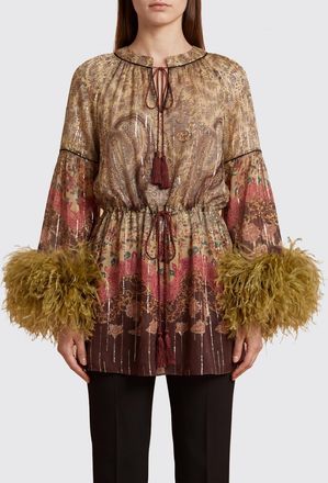 Valentino Blusa in seta con stampa paisley e polsini in piume di struzzo