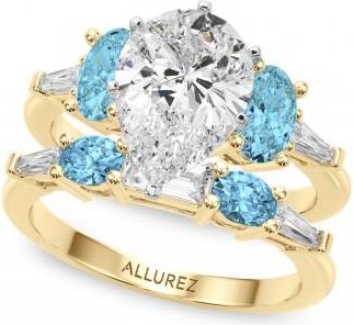 Allurez Pear Lab Grown Diamond & Oval Blue Topaz Bridal Set 14K Yellow Gold (4.97ct)