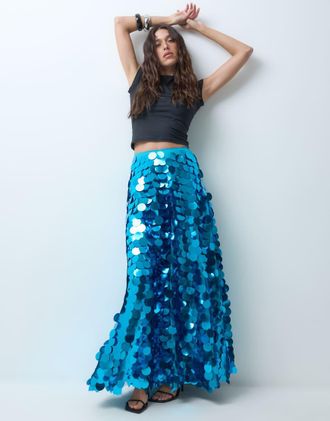 Asos gonna maxi ampia con paillettes circolari in turchese-Blu