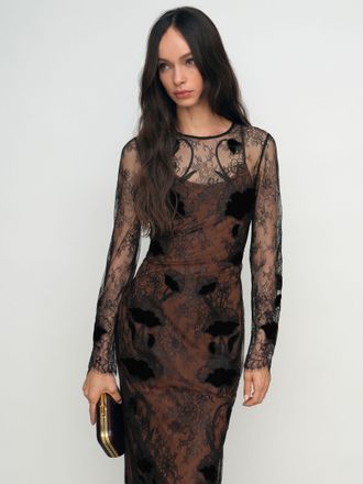 Reiss Black Petite Lace Overlay Midi Dress, 12