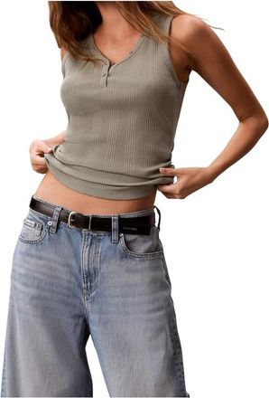 Calvin Klein Tops, Dames, Groen, M, Katoen, Ribbed Cotton Henley Tank Top