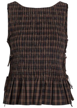 Ganni Checked Shirred Cotton-poplin top - Brown - 40 (UK12 / M)