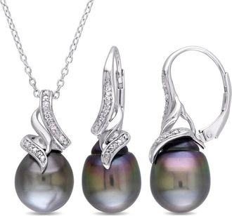 Amour 2 Pc Set Of 9 - 9.5 Mm Black Tahitian Pearl and 1/10 CT TW Diamond Vintage Drop Pendant and Chain and Leverback Earrings In Sterling Silver
