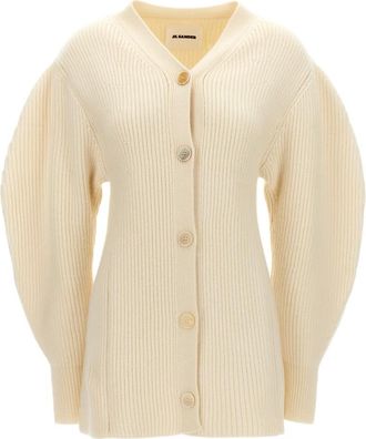 Jil Sander Lange Geribbelde Wollen Cardigan - Dames - Vesten - Wit - L - Wol - Truien & Vesten