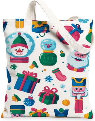 Generic Holiday Fun Canvas Tote Bags, Festive Gifts Pattern Reusable Grocery Bags, Winter Retro Lightweight Washable Shoulder Strap, White, 13x15 Inch