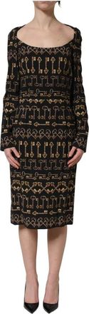 Dolce & Gabbana Midi jurk met lange mouwen en sleutelprint - Dames - Casual kleedjes - Zwart - 2XS - Kleedjes