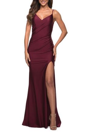 La Femme Diagonal Ruched Jersey Gown with V Neckline in Dark Berry at Nordstrom, Size 14