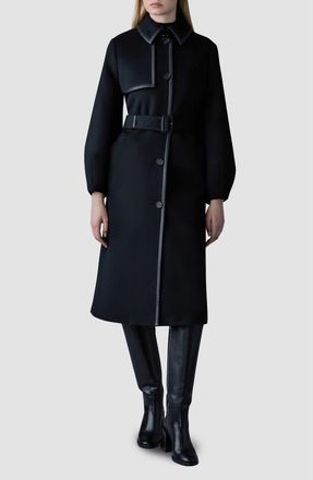 Mackage Zeva Belted Balloon Sleeve Wool Blend Trench Coat in Black at Nordstrom, Size Medium