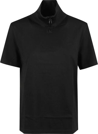 Courr&egrave;ges Ribbed High Collar Zipper Short-Sleeve Top