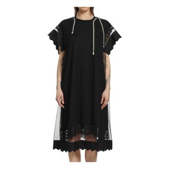 Simone Rocha Midi Dresses, female, Black, Size: S Beaded Layered Liquid Lace Trim Smock Dress