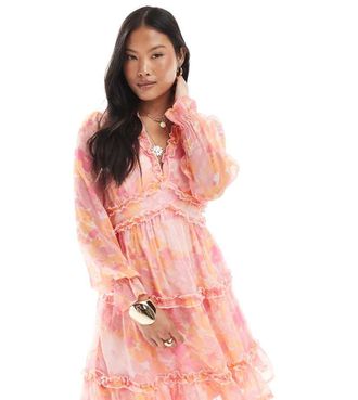 Vero Moda Petite Smilla smock mini dress with ruffles in pink blurred floral