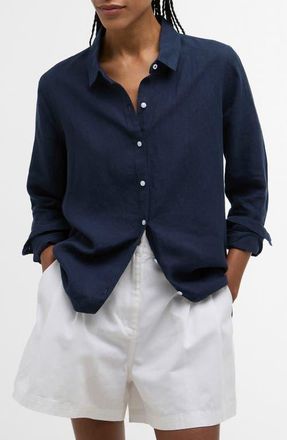 Barbour Marine Linen Button-Up Shirt in Navy at Nordstrom, Size 12 Us