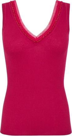 P.A.R.O.S.H. P.a.r.o.s.h., Tops, Dames, Rood, S, Tule, V-hals geribbelde top afgewerkt met tule en kralen