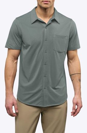 Cuts AO Curved Hem Short Sleeve Button-Up Shirt in Sage at Nordstrom, Size Medium