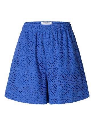 Selected perforated elasticated-waistband shorts - women - Organic Cotton/Linen/Flax - 34 - Blue