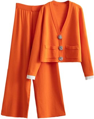 Generic 2 Piece Outfits Women Knit Co Ord Sets Button Front V-Neck Long Sleeve Cardigans and Wide Leg Trousers Womens Winter Loungewear Set with Pockets Therm