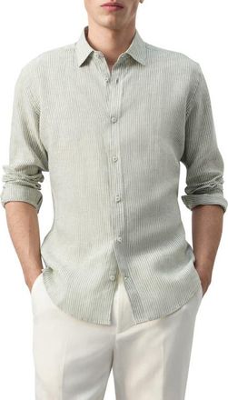 Mango Stripe Slub Linen Button-Up Shirt in Khaki Green at Nordstrom, Size X-Large