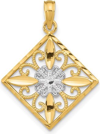 Diamond2Deal 14k Yellow Gold and White Rhodium Flower and Cross Square Charm Pendant