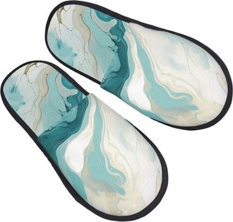 Generic Warm Fluffy Slipper Teal Teal Marble Abstract Art House Slipper Comfortable Spa Slippers for Ladies Hotels Family L