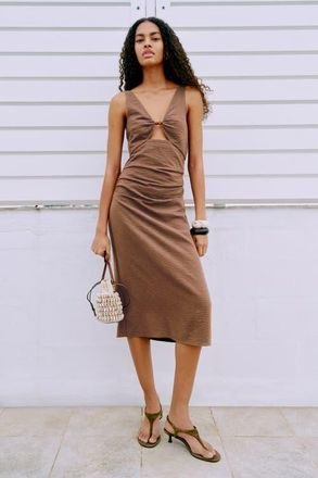 H&M Linen-blend Cut-out Dress in Dark Beige at Nordstrom, Size X-Small