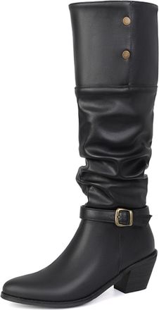 Generic Womens Slouchy Pointed Toe Faux Leather Knee High Boots Buckle Strap Chunky Heel Boots Stylish Comfortable For Fashion Party Daily,Black,3.5 UK