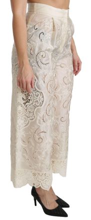 Dolce & Gabbana Womens Cream Lace High Waist Palazzo Cropped Pants Silk Cotton Polyester