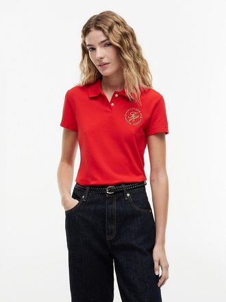 Tommy Hilfiger Womens Slim Fit Metallic Script Monogram Polo - Fire Red - M