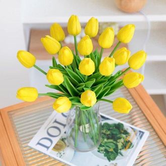 OEM 10 Tulipanes De L&aacute;tex Realistas, Tulipanes Artificiales, Ramo De Novia, Adecuados Para Bodas, Decoraci&oacute;n De Interiores Y Jardines, Amarillos