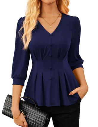 Grace Karin Womens Dirndl Blouse Elegant Business Work Style 3/4 Sleeve Ruffled Top 2026 for Spring/Summer Navy Blue 2XL