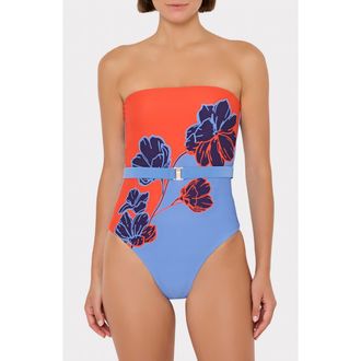 Milly Skewed Petal Strapless One-Piece Swimsuit in Orange/Blue at Nordstrom, Size X-Small