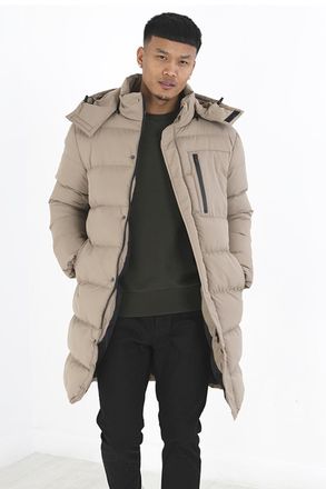 Brave Soul Mens Stone Elsdon Longline Hooded Padded Puffer Jacket - Size Small