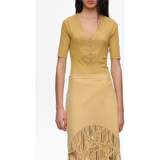 Bimba & Lola Embroidered V-Neck Bodysuit in Mustard at Nordstrom, Size Medium Eu