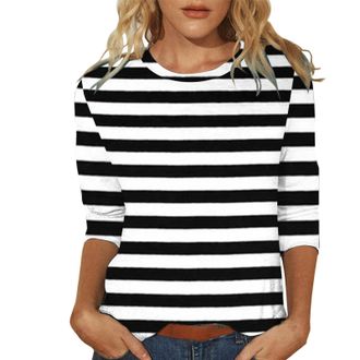 Generic Striped Shirt Womens 3/4 Sleeve Striped Shirt Basic T-Shirt with Stripes Crew Neck Casual Tops Spring Summer T-Shirt Vintage Sports Tops Casual Street