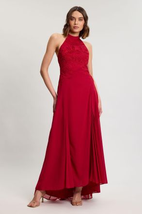 Karen Millen Womens Petite Cutwork Embroidered Woven Maxi Dress With Pleated Godets - Fuchsia - Size 16 UK