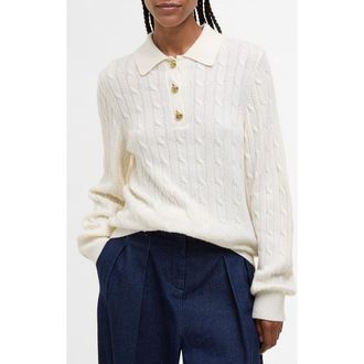 Barbour Evie Cable Stitch Polo Sweater in Cloud at Nordstrom, Size 10 Us