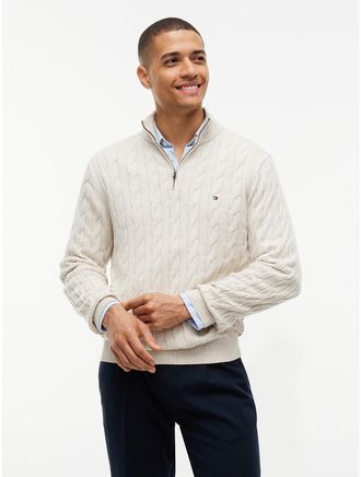 Tommy Hilfiger Mens Cable Knit Quarter-Zip Sweater - Classic Beige - XXXL