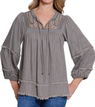 Multiples Embroidered Fringe Hemline Blouse In Grey
