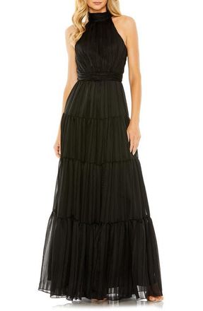 Mac Duggal Pleated Bodice Tiered Tie Neck Halter Gown in Black at Nordstrom, Size 6
